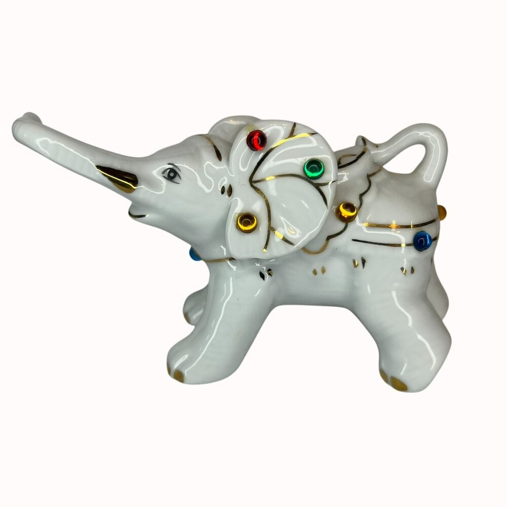 Vintage Ceramic Elephant Figurine White With Multicolor Accents & Gold Trim